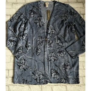 Chico's Flower Cardigan Blue Sz 3 NWT Cotton Spring/Summer